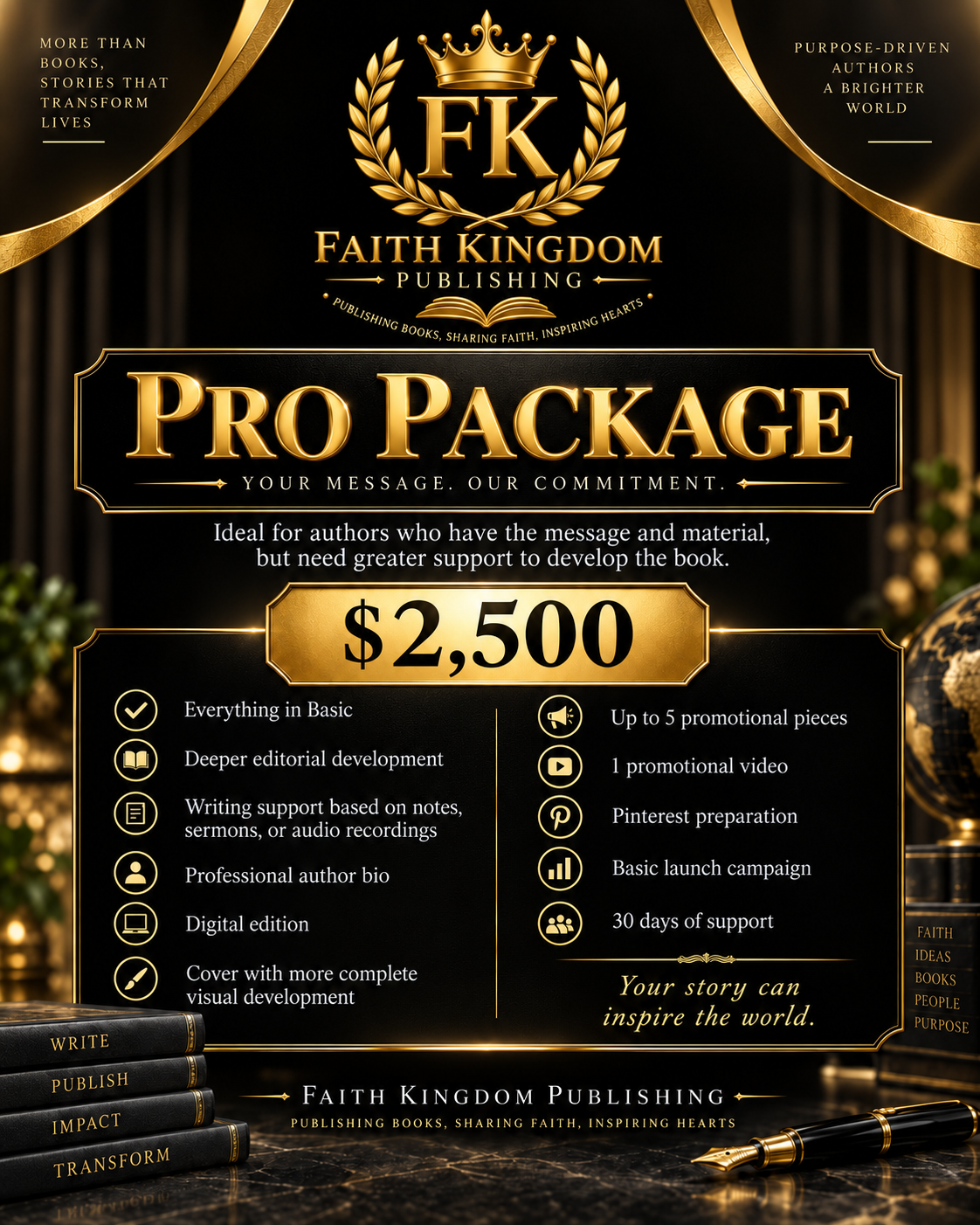 Faith Kingdom Publishing Pro Package, $2,500 — everything in Basic plus deeper editorial development, digital edition, promotional pieces, and launch campaign.